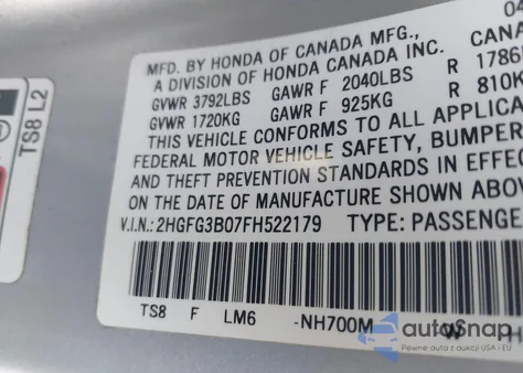 2015 Honda Civic Ex-L z USA, uszkodzony, nr VIN 2HGFG3B07FH522179